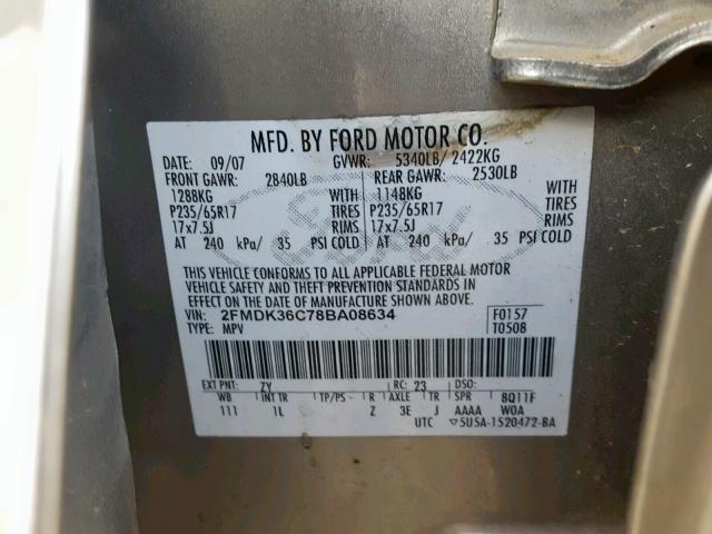 2FMDK36C78BA08634 - 2008 FORD EDGE SE TAN photo 10