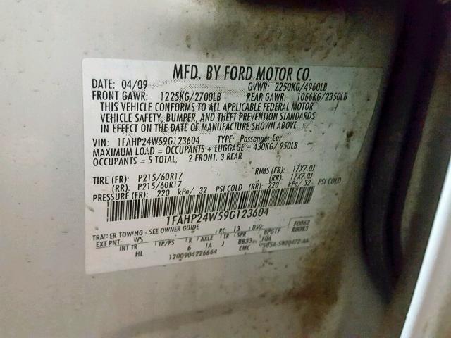 1FAHP24W59G123604 - 2009 FORD TAURUS SEL WHITE photo 10