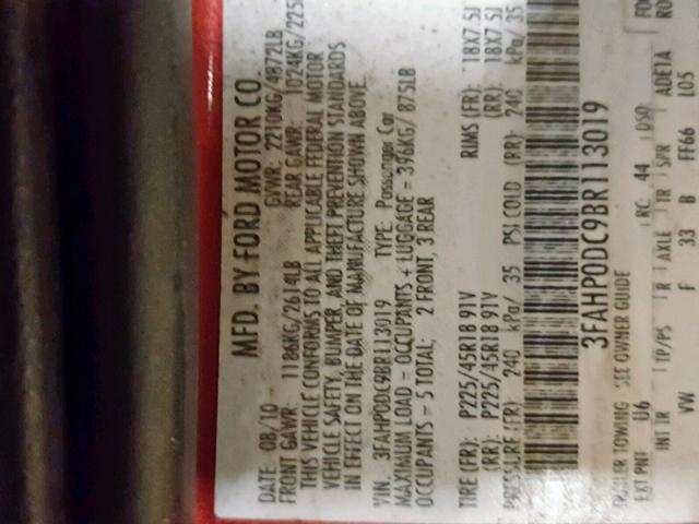 3FAHP0DC9BR113019 - 2011 FORD FUSION SPO RED photo 10