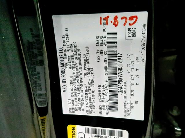 3FA6P0K97GR316917 - 2016 FORD FUSION TIT BLACK photo 10