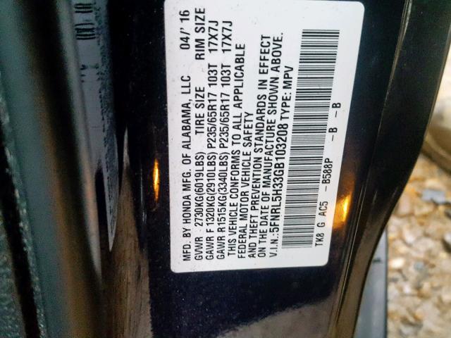 5FNRL5H33GB103208 - 2016 HONDA ODYSSEY SE BLUE photo 10