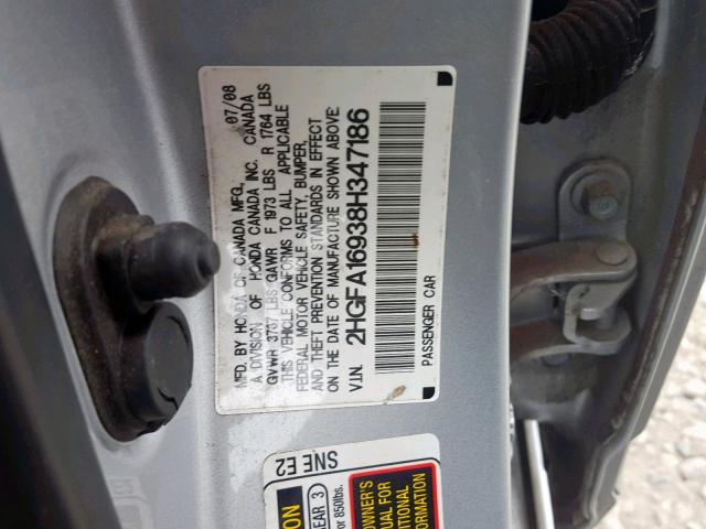 2HGFA16938H347186 - 2008 HONDA CIVIC EXL SILVER photo 10