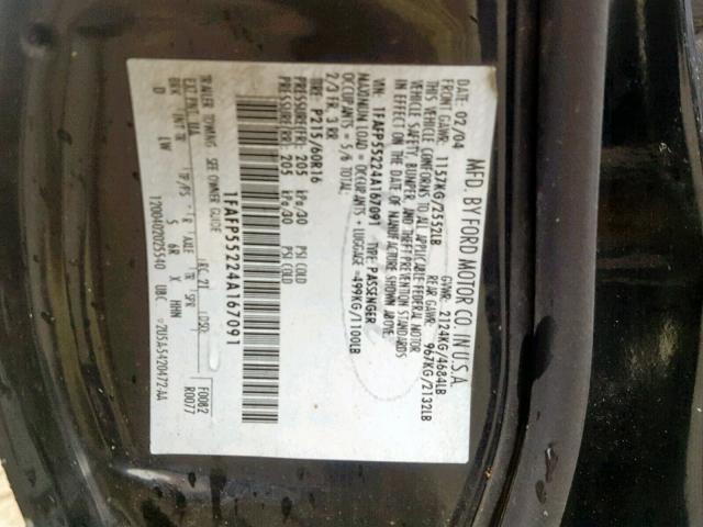 1FAFP55224A167091 - 2004 FORD TAURUS SES BLACK photo 10