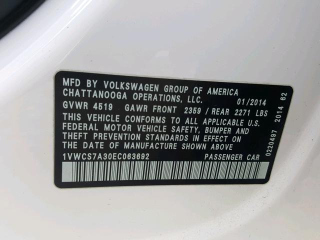 1VWCS7A30EC063692 - 2014 VOLKSWAGEN PASSAT SEL WHITE photo 10