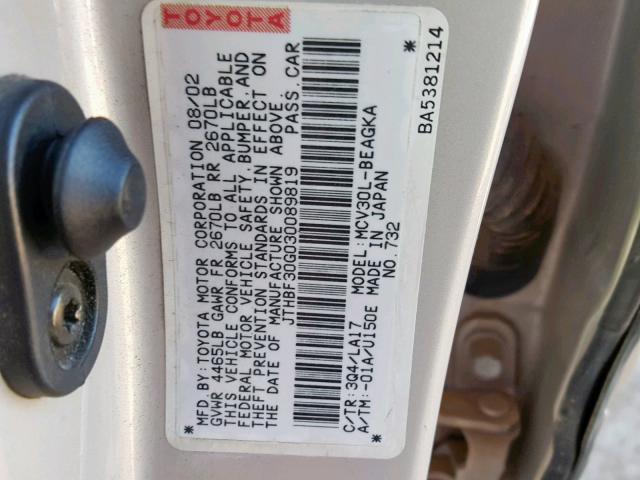 JTHBF30G030089819 - 2003 LEXUS ES 300 GRAY photo 10