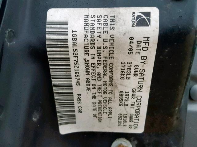 1G8AL52F75Z165745 - 2005 SATURN ION LEVEL GRAY photo 10