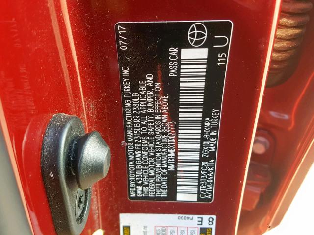 NMTKHMBX1JR027773 - 2018 TOYOTA C-HR XLE RED photo 10