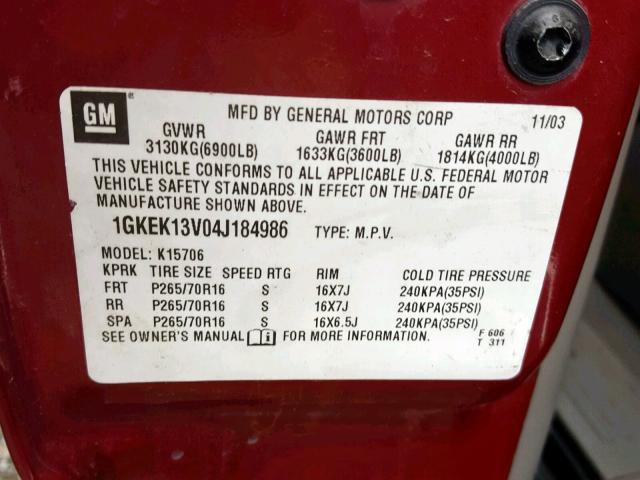 1GKEK13V04J184986 - 2004 GMC YUKON MAROON photo 10