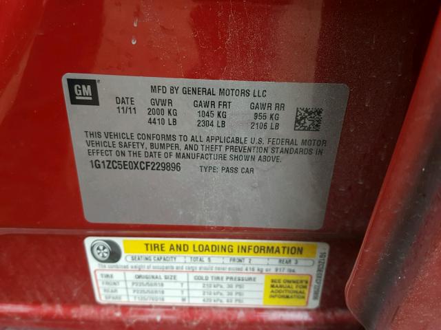 1G1ZC5E0XCF229896 - 2012 CHEVROLET MALIBU 1LT RED photo 10