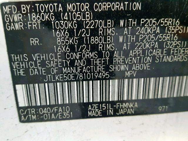 JTLKE50E781019495 - 2008 TOYOTA SCION WHITE photo 10