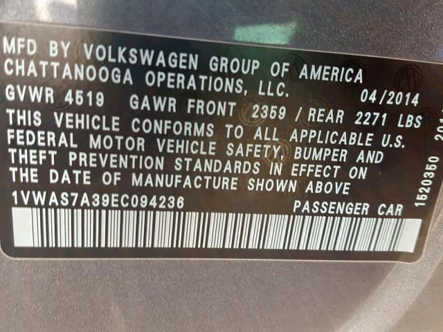 1VWAS7A39EC094236 - 2014 VOLKSWAGEN PASSAT S GRAY photo 10