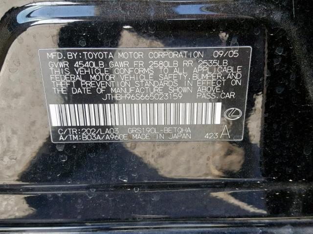 JTHBH96S665023159 - 2006 LEXUS GS GENERAT BLACK photo 10