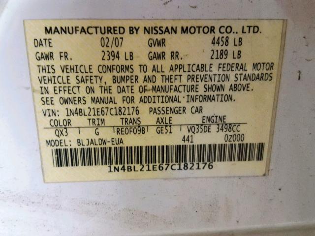 1N4BL21E67C182176 - 2007 NISSAN ALTIMA 3.5 WHITE photo 10