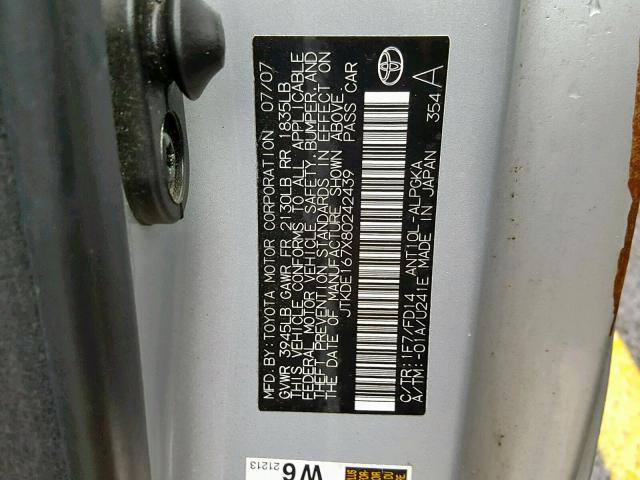 JTKDE167X80242439 - 2008 TOYOTA SCION TC ვერცხლისფერი ფოტო 10