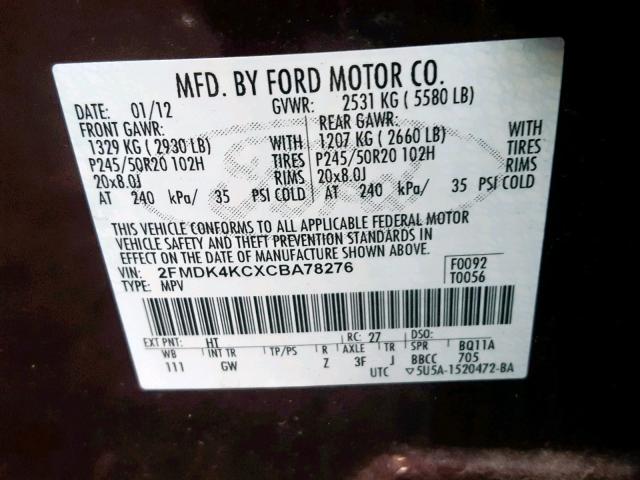 2FMDK4KCXCBA78276 - 2012 FORD EDGE LIMIT BURGUNDY photo 10