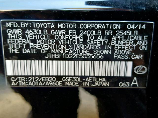 JTHBF1D22E5035656 - 2014 LEXUS IS 250 BLACK photo 10