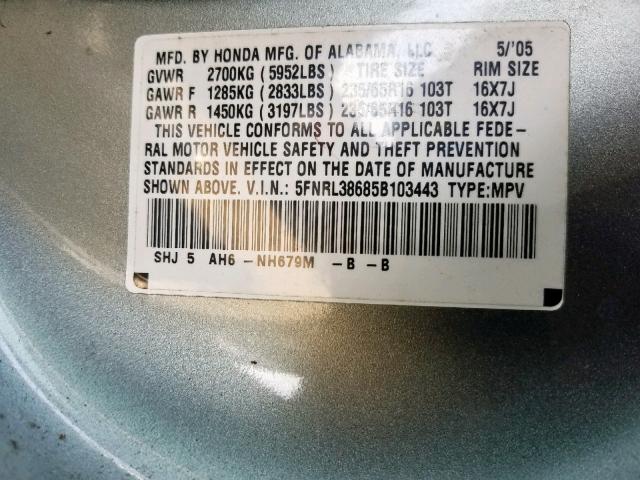 5FNRL38685B103443 - 2005 HONDA ODYSSEY EX GREEN photo 10