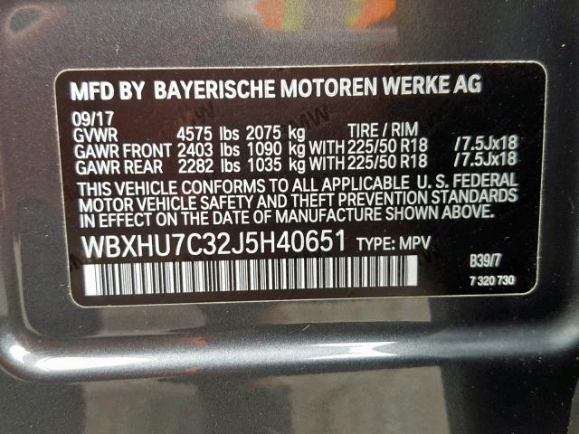 WBXHU7C32J5H40651 - 2018 BMW X1 SDRIVE2 GRAY photo 10