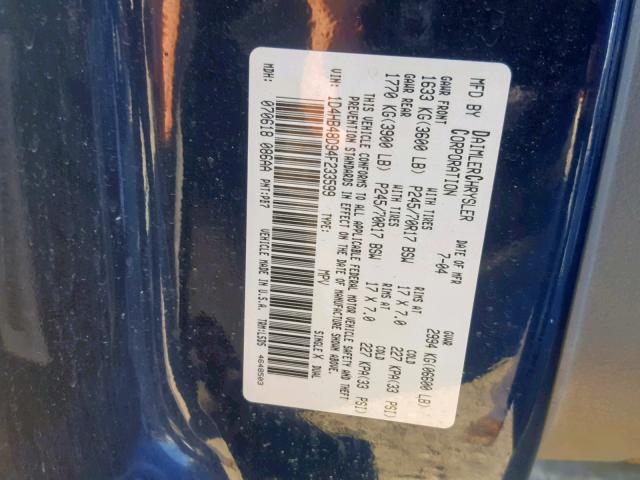 1D4HB48D94F233599 - 2004 DODGE DURANGO SL BLUE photo 10