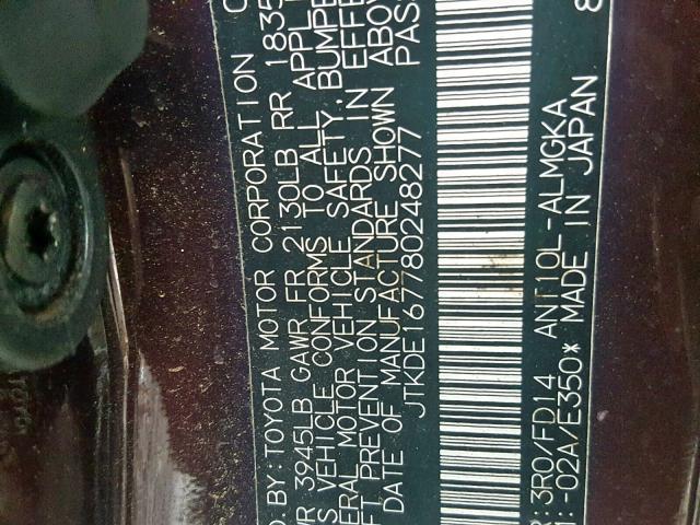 JTKDE167780248277 - 2008 TOYOTA SCION TC 紫色 照片 10