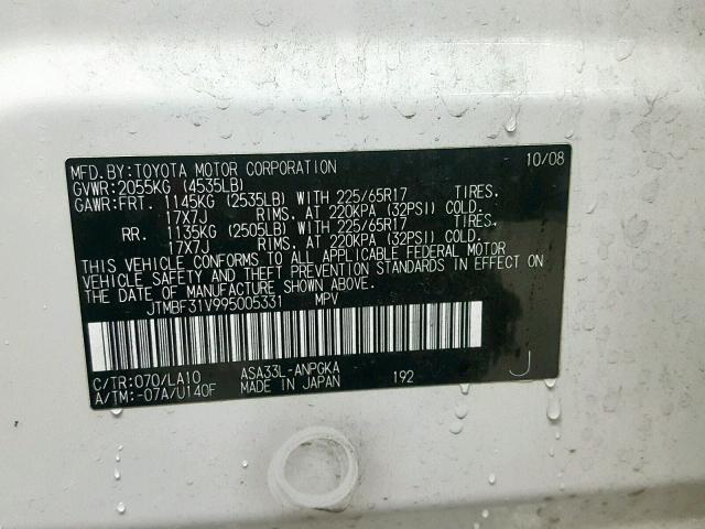 JTMBF31V995005331 - 2009 TOYOTA RAV4 LIMIT WHITE photo 10