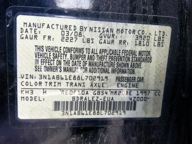 3N1AB61E88L702919 - 2008 NISSAN SENTRA 2.0 BLACK photo 10