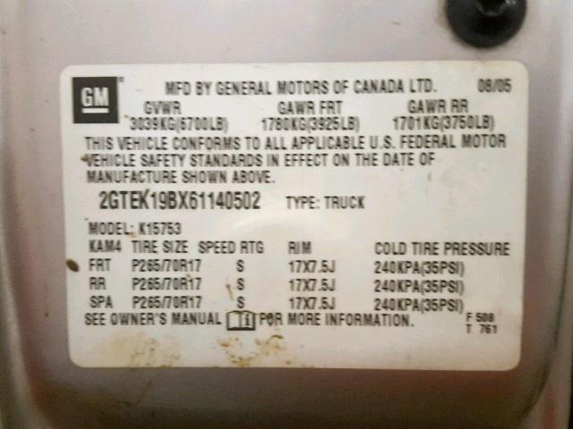 2GTEK19BX61140502 - 2006 GMC NEW SIERRA SILVER photo 10