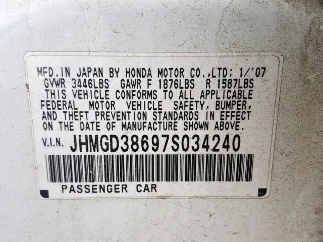 JHMGD38697S034240 - 2007 HONDA FIT S 白色 照片 10