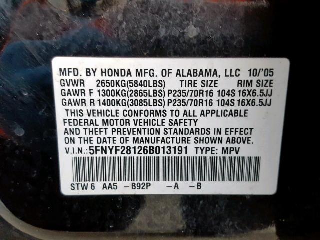 5FNYF28126B013191 - 2006 HONDA PILOT LX BLACK photo 10