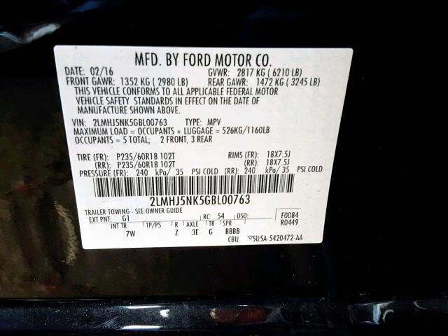 2LMHJ5NK5GBL00763 - 2016 LINCOLN MKT BLACK photo 10