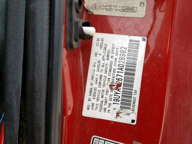 19UYA42671A028982 - 2001 ACURA 3.2CL TYPE RED photo 10