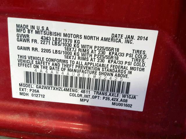 4A4AR4AU0EE022425 - 2014 MITSUBISHI OUTLANDER RED photo 10