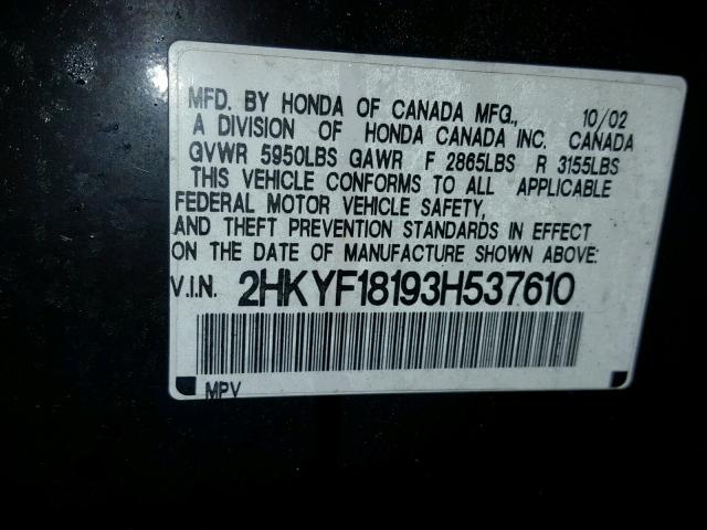 2HKYF18193H537610 - 2003 HONDA PILOT LX BLACK photo 10