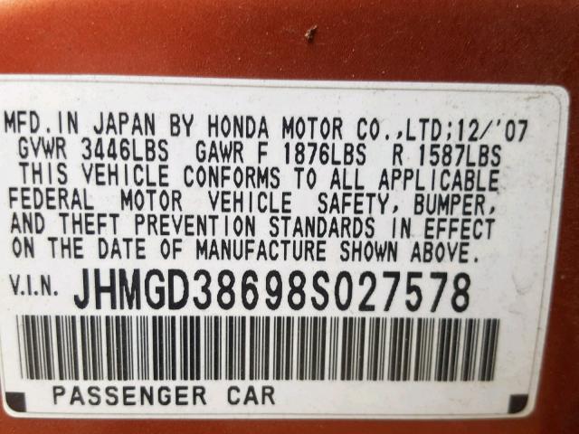 JHMGD38698S027578 - 2008 HONDA FIT SPORT ORANGE photo 10