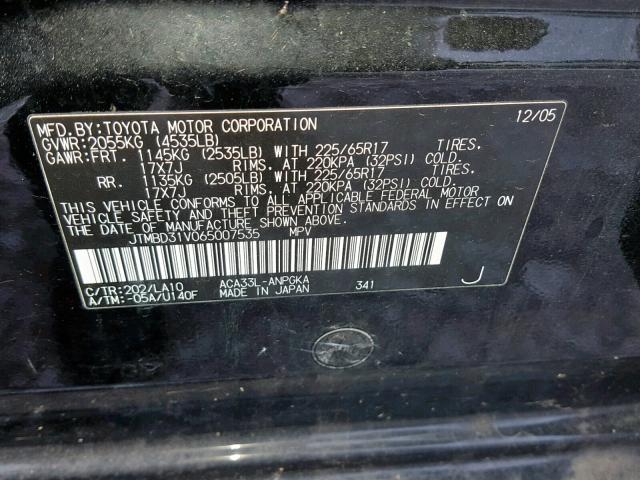 JTMBD31V065007535 - 2006 TOYOTA RAV4 LIMIT BLACK photo 10