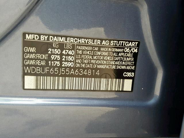 WDBUF65J55A634814 - 2005 MERCEDES-BENZ E 320 BLUE photo 10