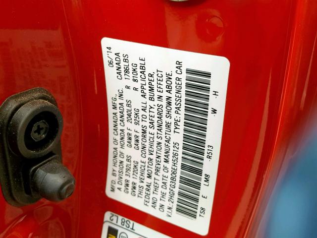 2HGFG3B06EH526125 - 2014 HONDA CIVIC EXL RED photo 10