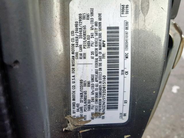 4N2ZN15T52D815160 - 2002 NISSAN QUEST GXE GRAY photo 10