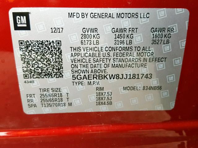 5GAERBKW8JJ181743 - 2018 BUICK ENCLAVE ES RED photo 10