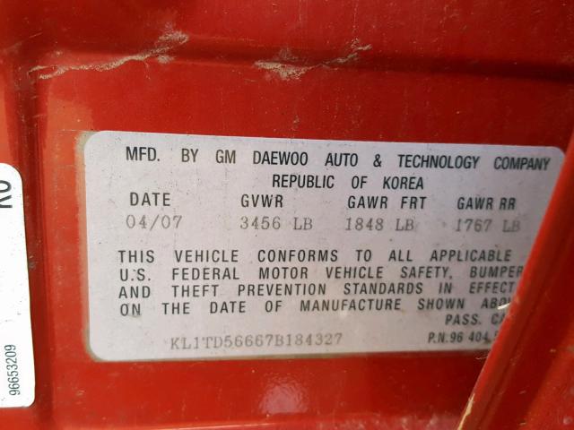 KL1TD56667B184327 - 2007 CHEVROLET AVEO BASE Қызыл фото 10