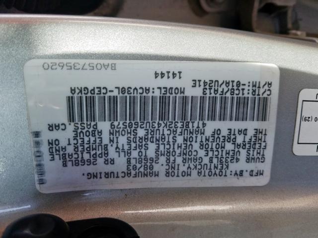 4T1BE32K43U260579 - 2003 TOYOTA CAMRY LE SILVER photo 10