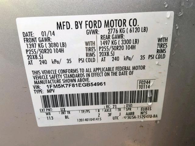 1FM5K7F81EGB54961 - 2014 FORD EXPLORER L SILVER photo 10