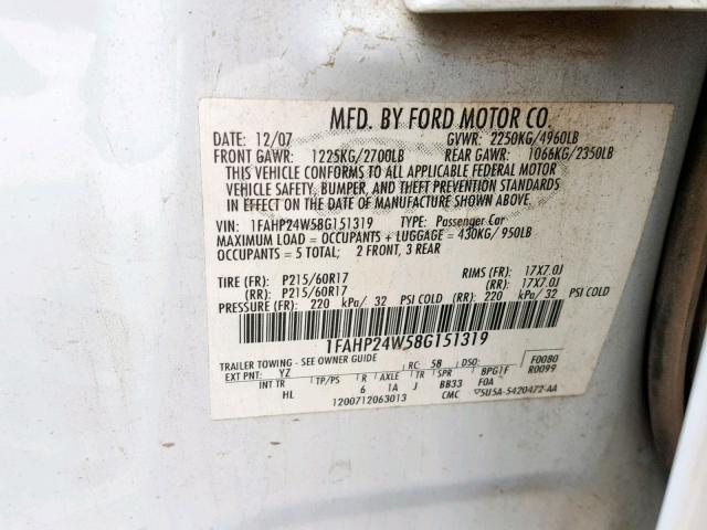 1FAHP24W58G151319 - 2008 FORD TAURUS SEL WHITE photo 10