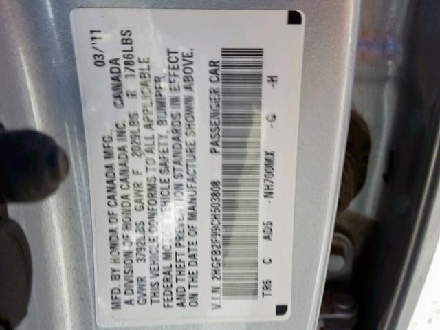 2HGFB2F99CH503808 - 2012 HONDA CIVIC EXL SILVER photo 10