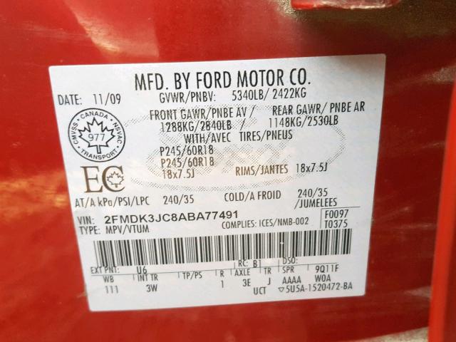 2FMDK3JC8ABA77491 - 2010 FORD EDGE SEL RED photo 10