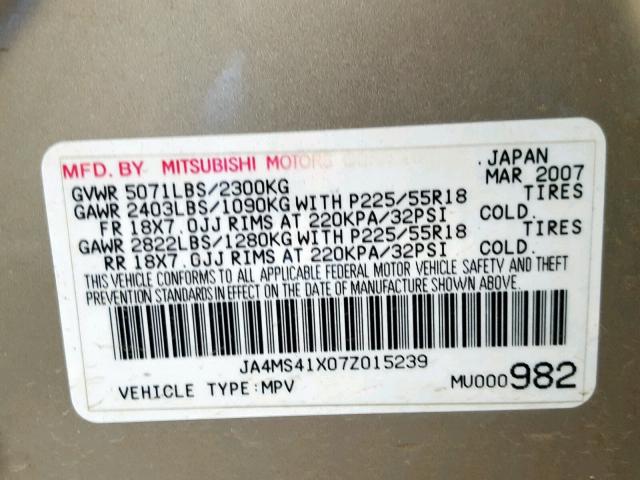 JA4MS41X07Z015239 - 2007 MITSUBISHI OUTLANDER GOLD photo 10