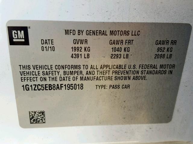 1G1ZC5EB8AF195018 - 2010 CHEVROLET MALIBU 1LT WHITE photo 10