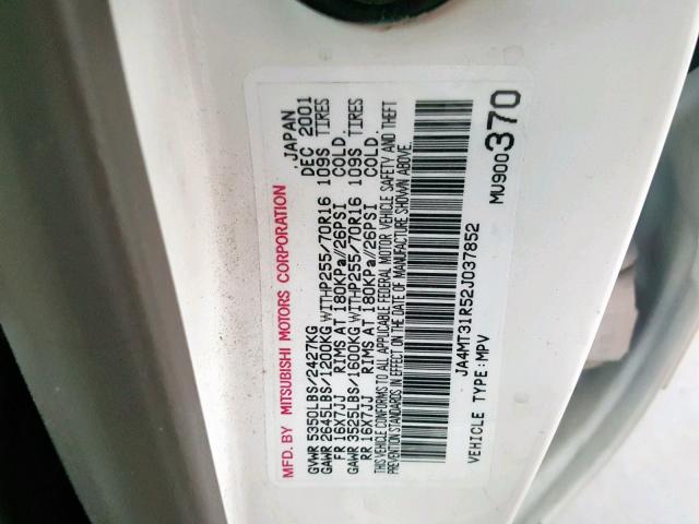 JA4MT31R52J037852 - 2002 MITSUBISHI MONTERO SP WHITE photo 10