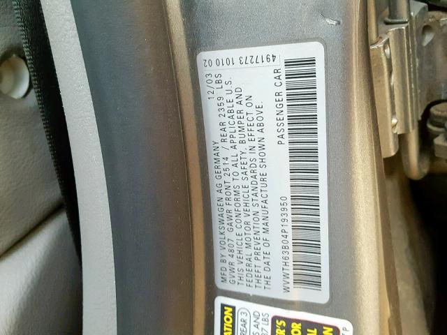 WVWTH63B04P193950 - 2004 VOLKSWAGEN PASSAT GLX GRAY photo 10