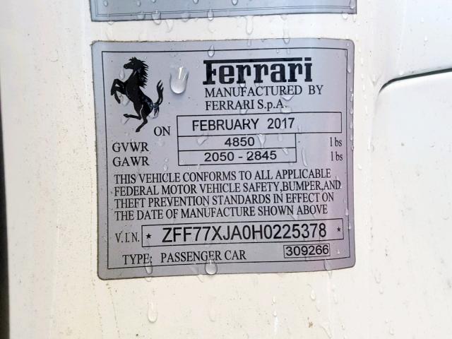 ZFF77XJA0H0225378 - 2017 FERRARI CALIFORNIA WHITE photo 10